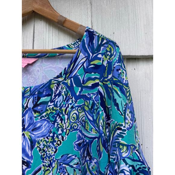 Lilly Pulitzer Lula Bonnet Blue Ruffle Sleeve Shift Dress Mini Length Size L - Picture 3 of 8
